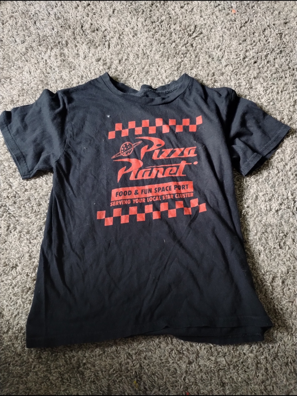 Disney Black Tee with Red Pizza Planet Graphic